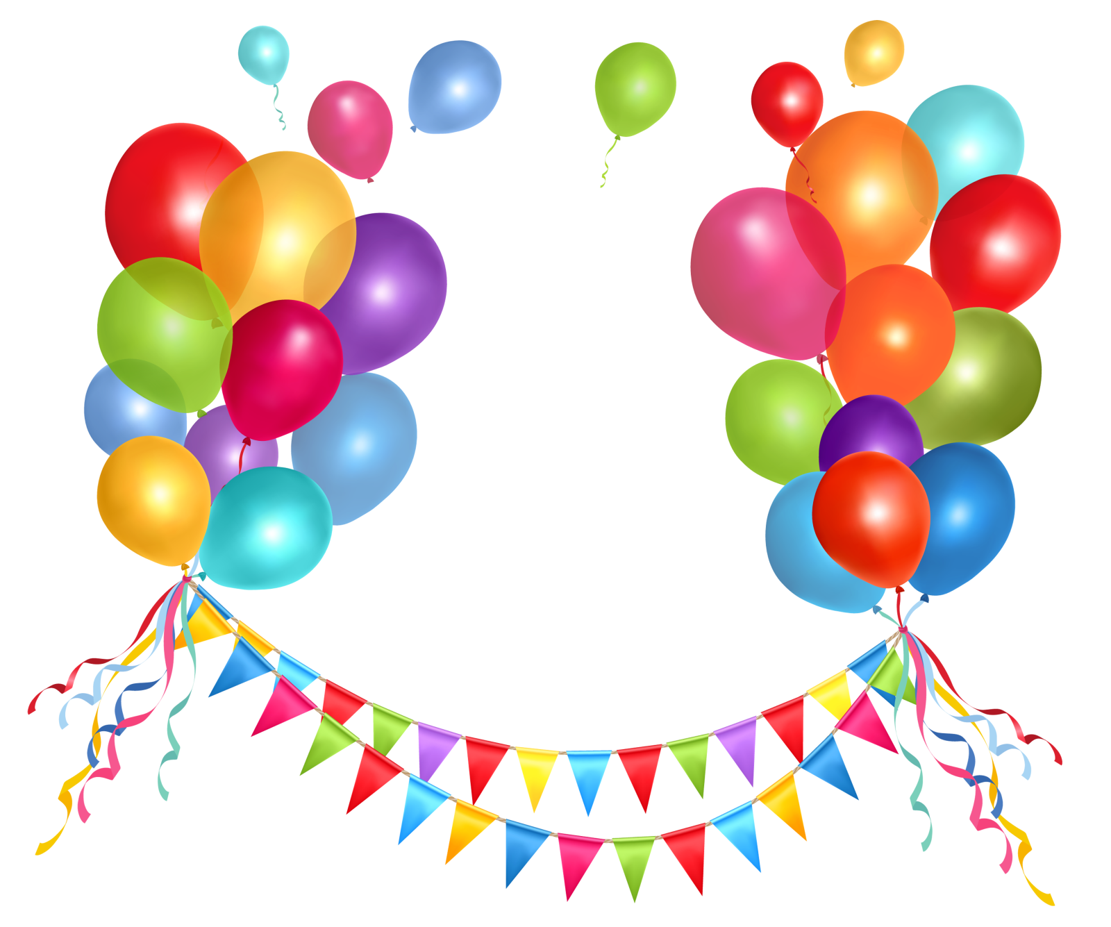 a bunch of colorful balloons and flags