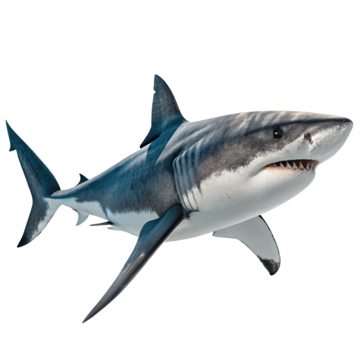 3d rendering of a great white shark isolated against a white background