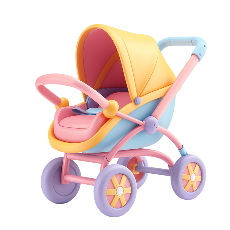a baby stroller with pink and blue wheels