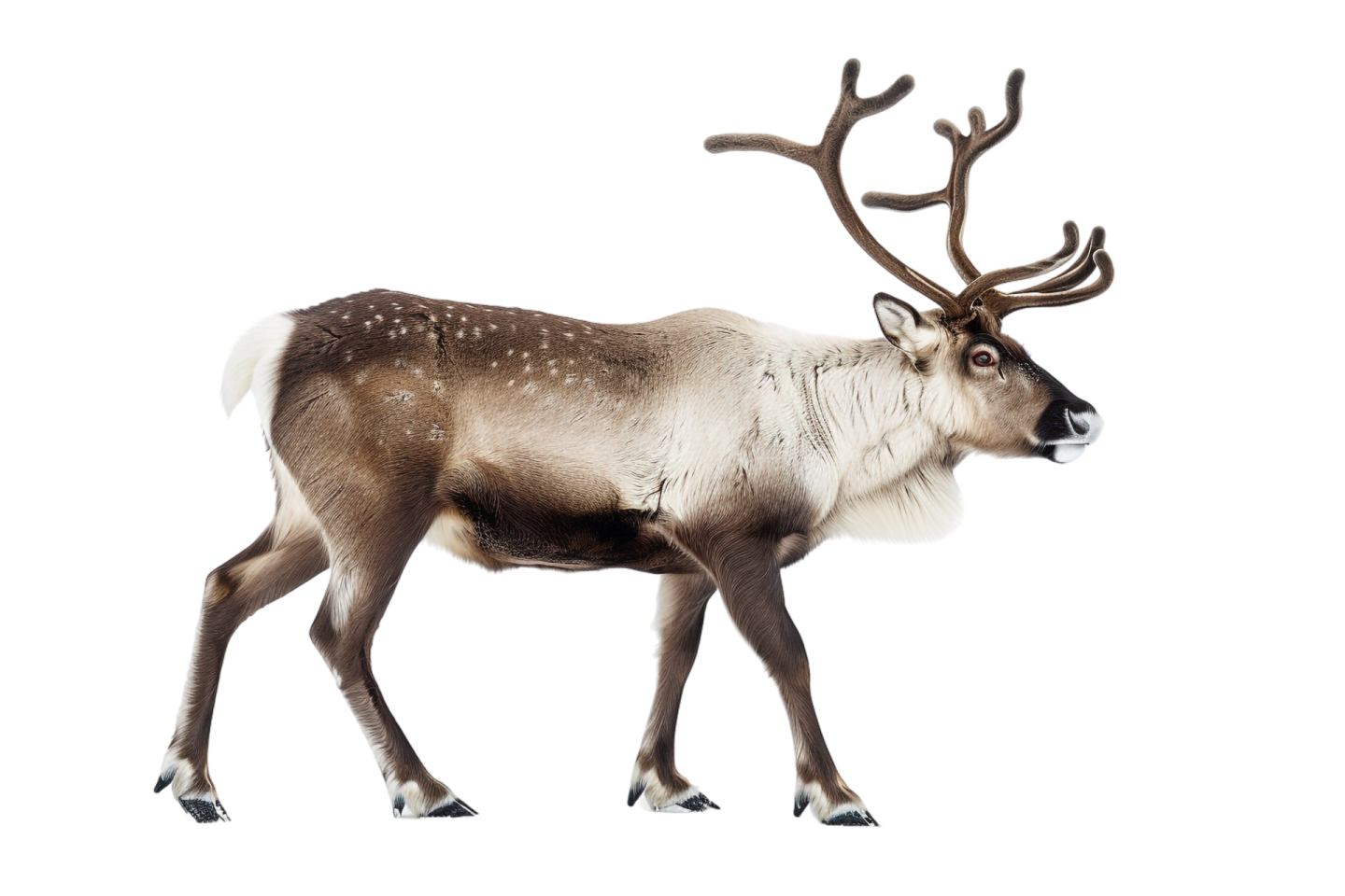 a reindeer walking across a white background
