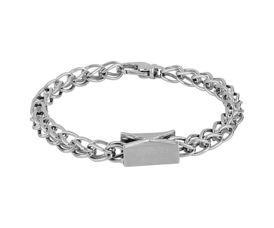a silver bracelet with a pad on the clasp