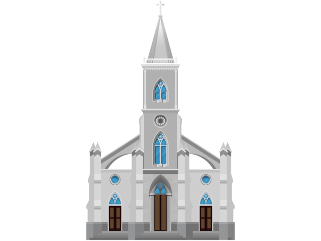 a church with blue windows and a steeple