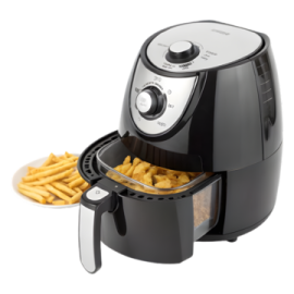 a black and silver air fryer with french fries