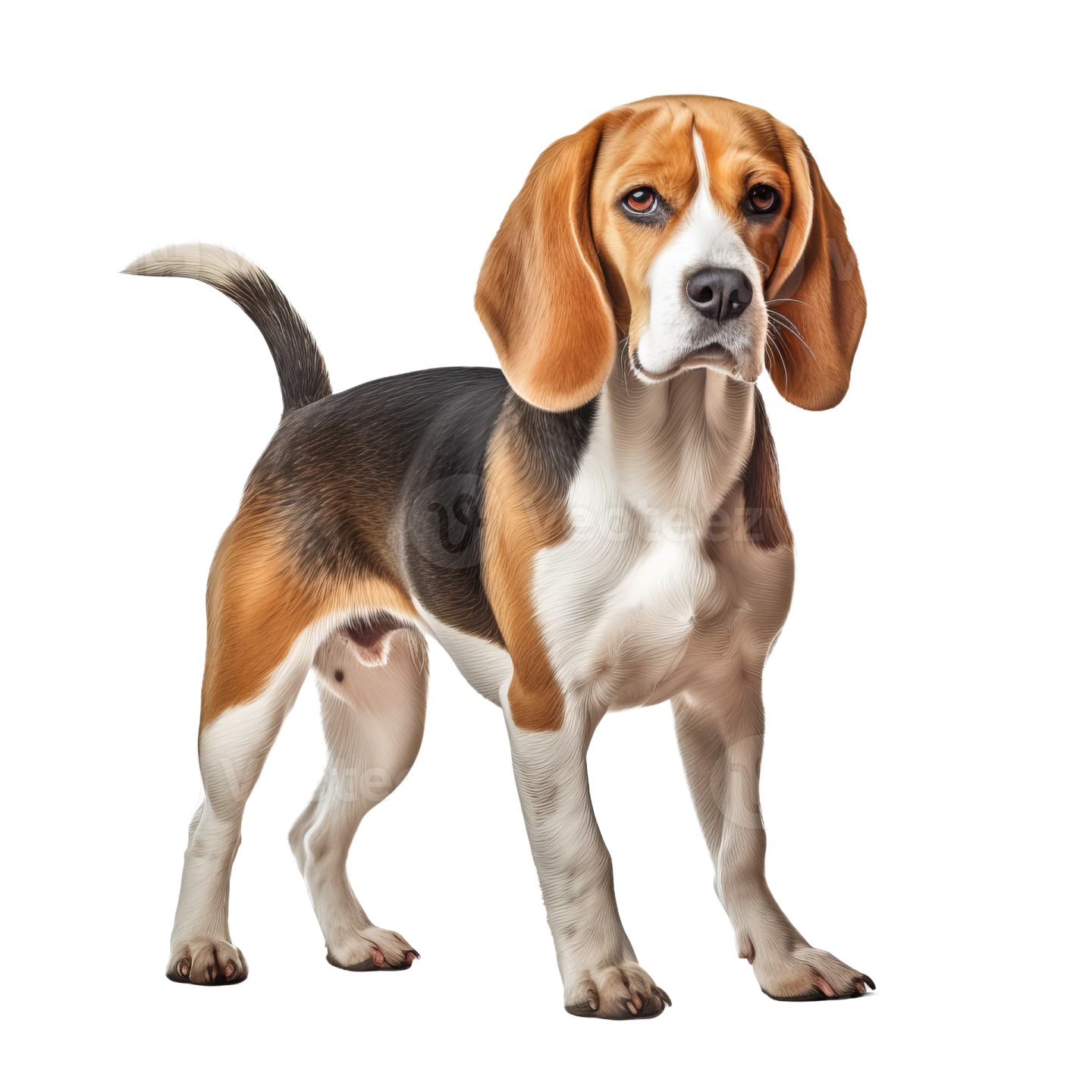 a beagle puppy standing in front of a white background