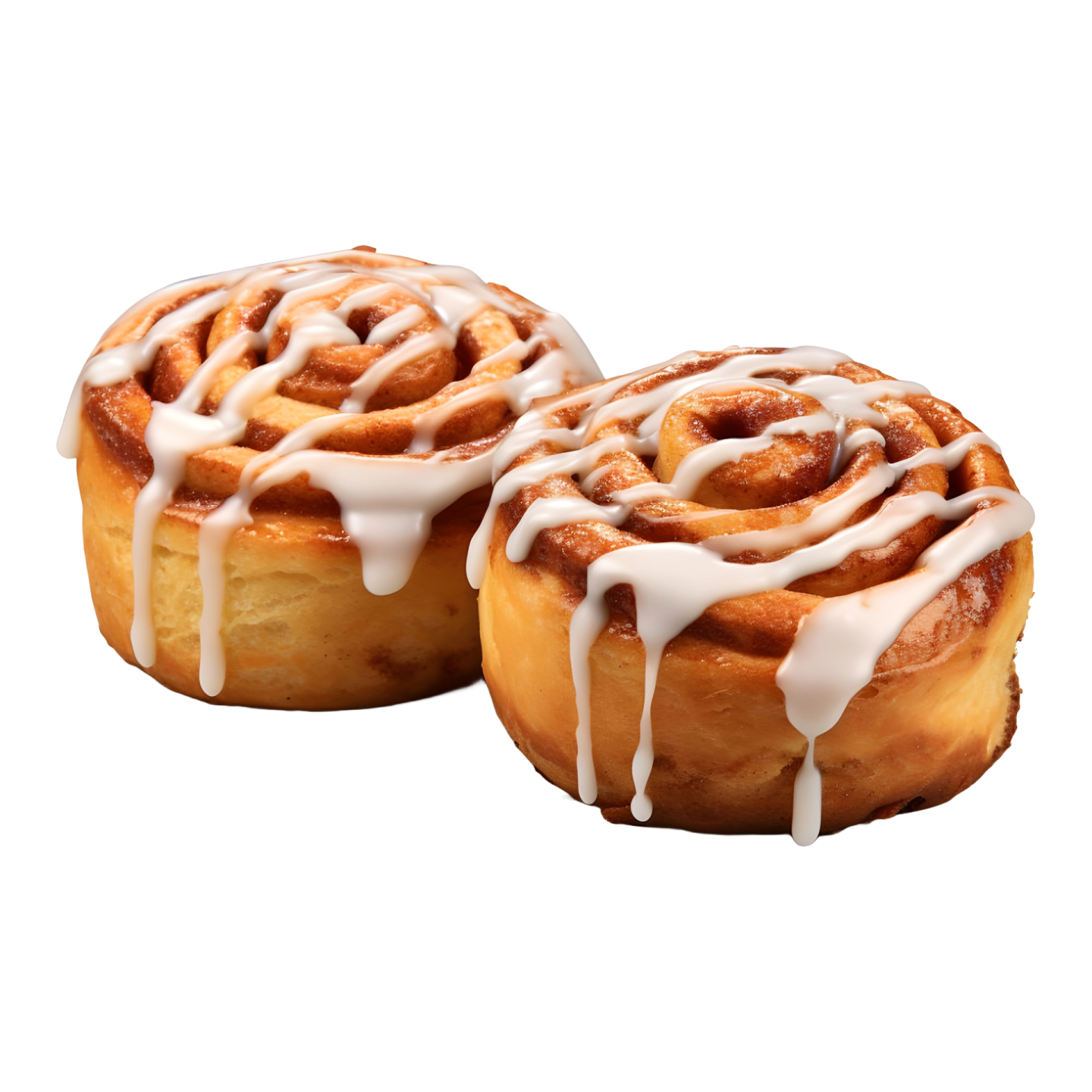 two cinnamon rolls with icing on a white background