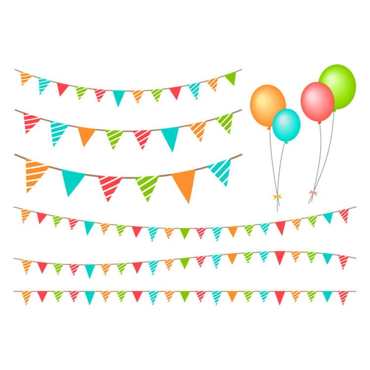 a set of colorful party flags and balloons
