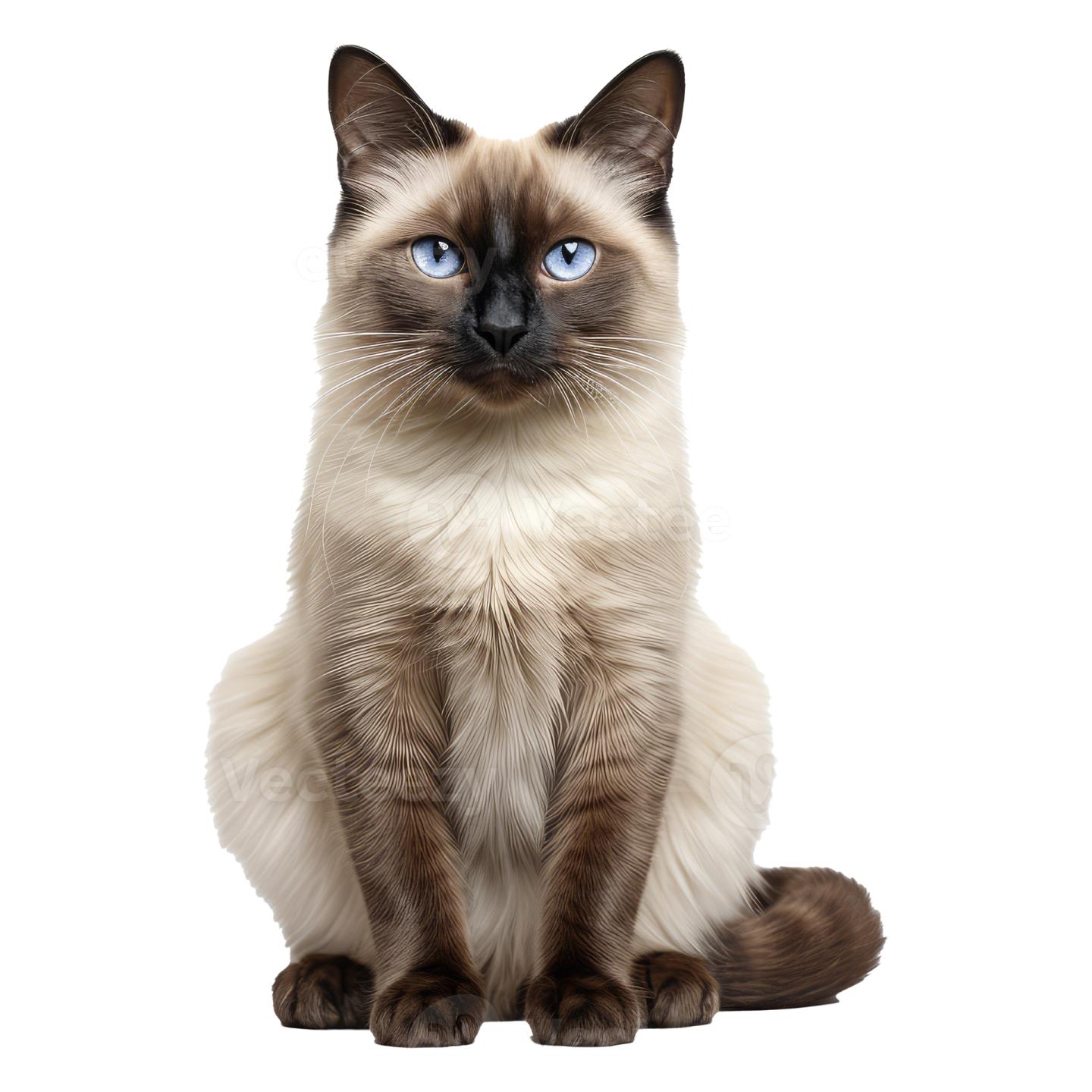 a cat with blue eyes sitting down