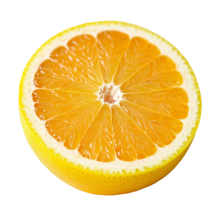 an orange cut in half on a white background