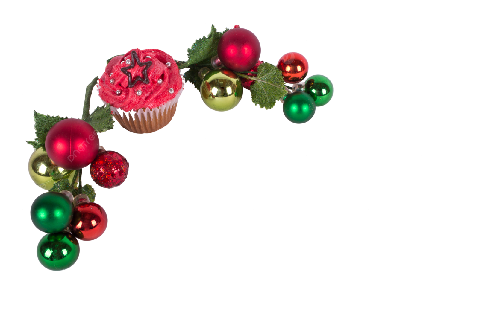 a cupcake decorated with red and green ornaments