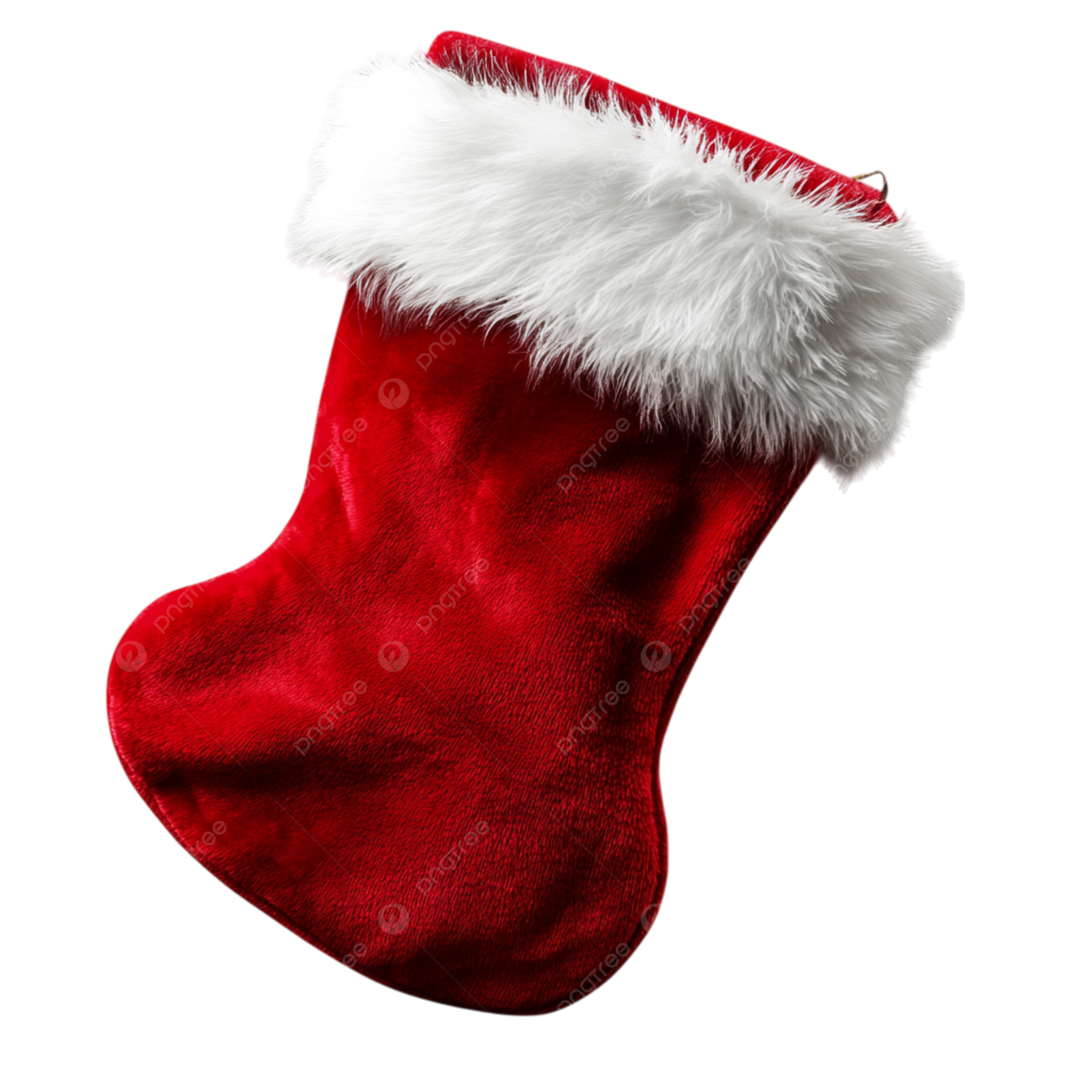 a red christmas stocking with white fur on it