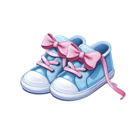 a pair of blue shoes with pink bows