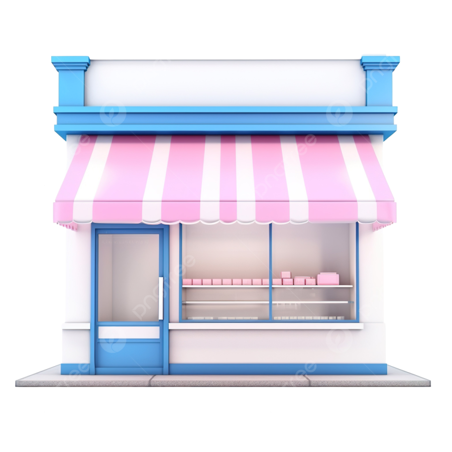 a small store with pink and white awnings