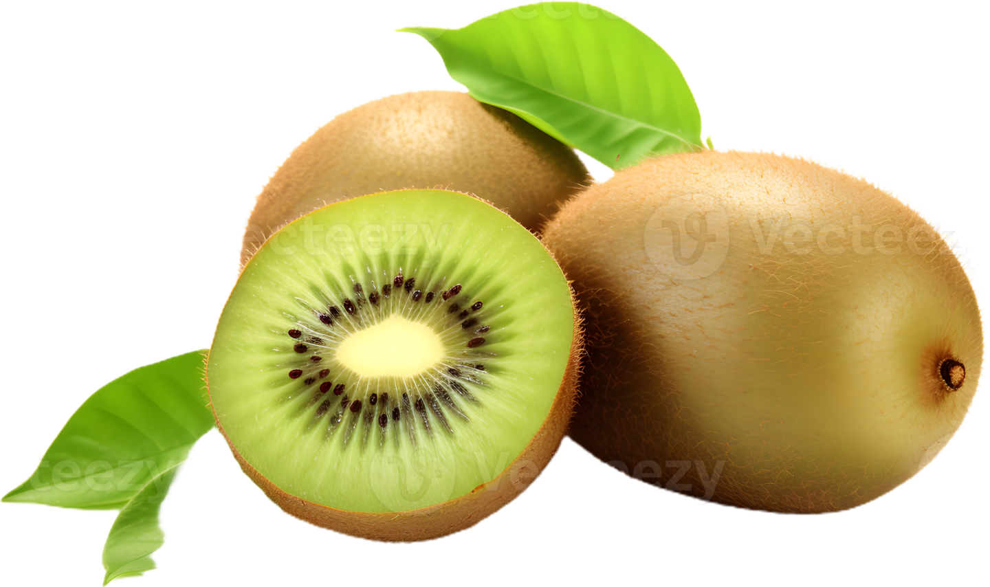 two kiwis with leaves on white background