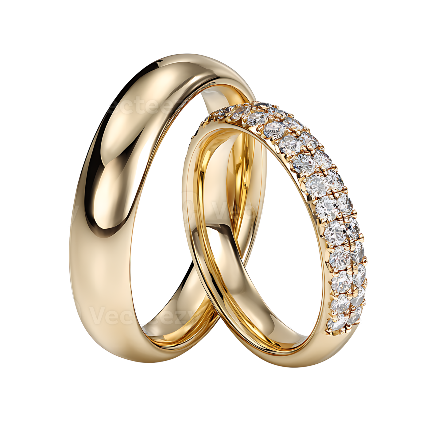 a pair of gold wedding rings with diamonds