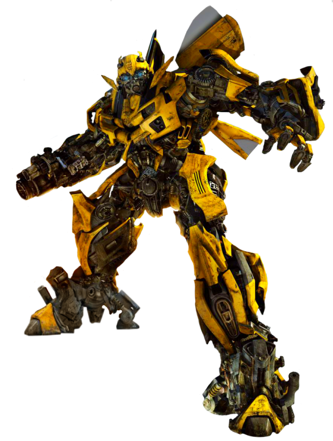 a yellow and black robot standing on a white background