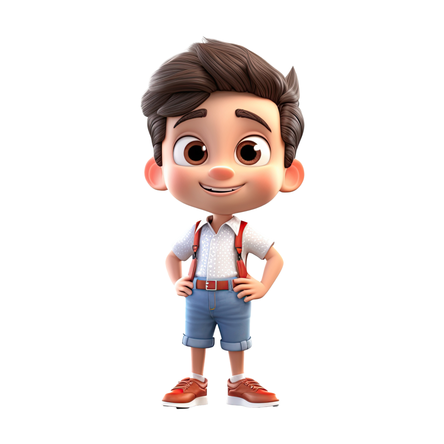 a little boy in overalls and suspends stands with his hands on his hips