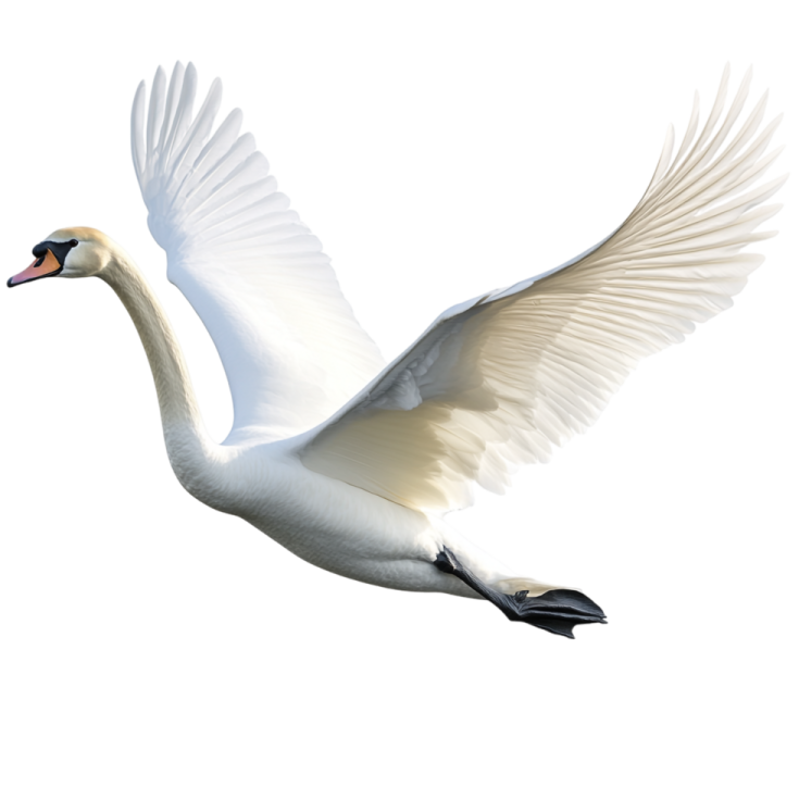 a white swan flying with its wings spread