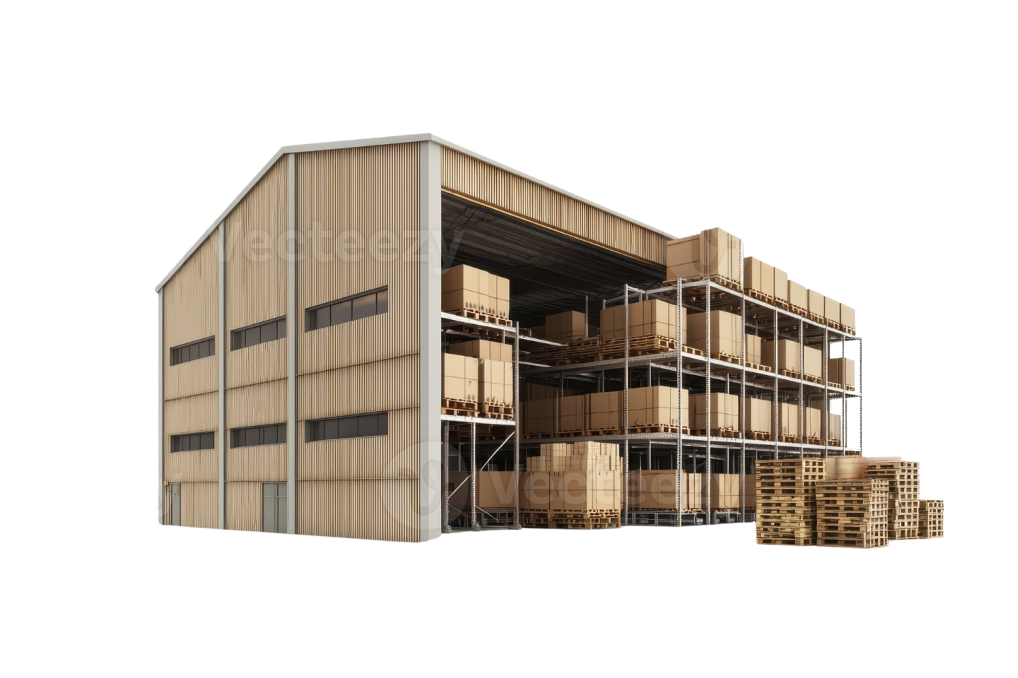 a large warehouse with wooden palles and palls