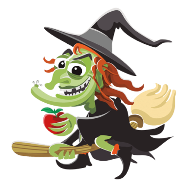 a witch flying on a broom with an apple