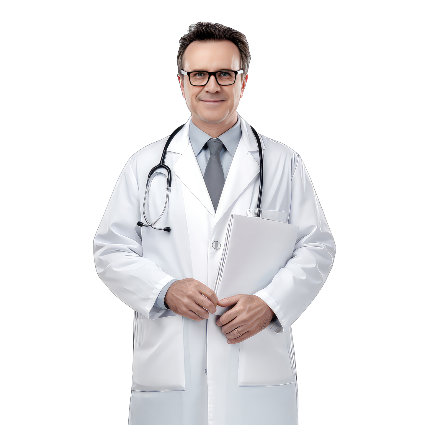 a male doctor in a white coat and tie holding a clipboard