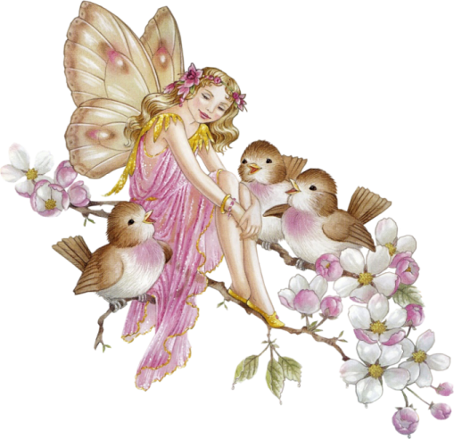 a fairy sitting on a branch with birds and flowers