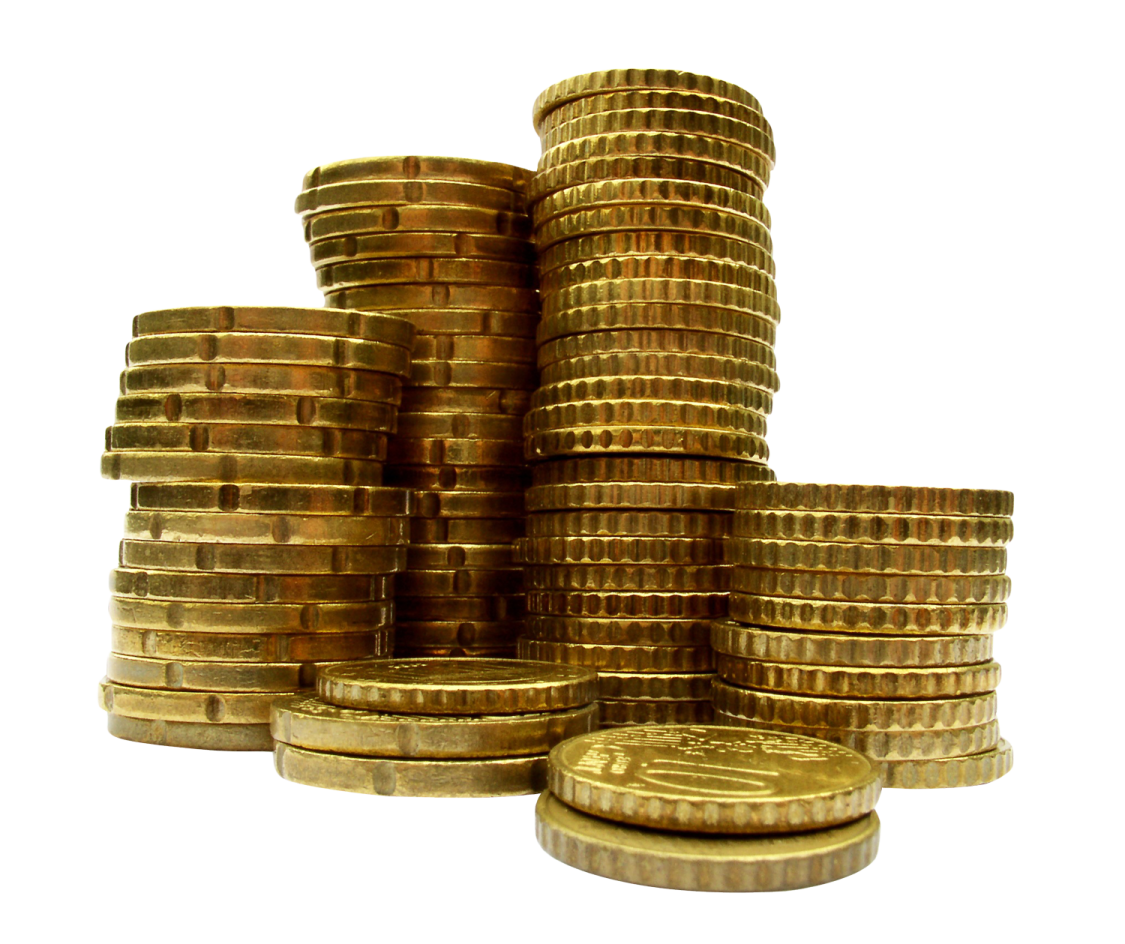 a pile of coins on a white background