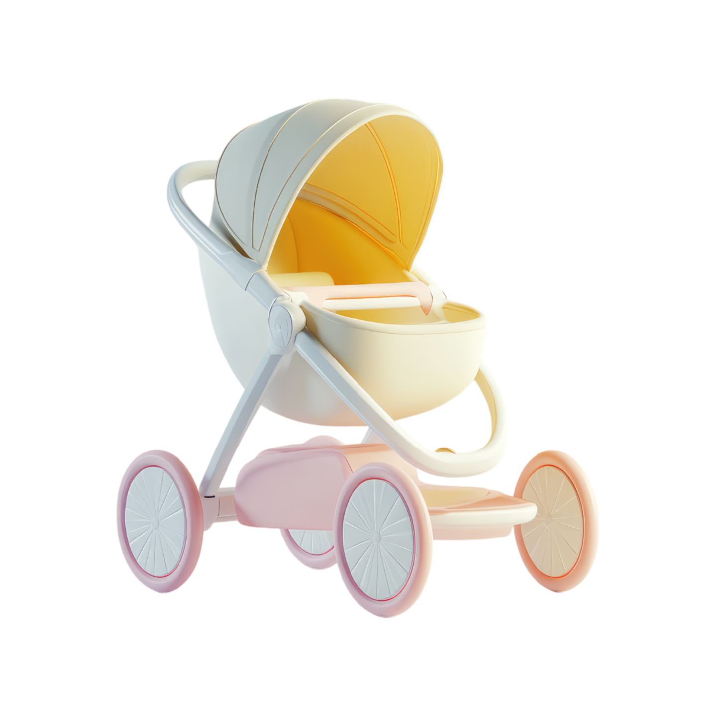 a white and yellow stroller with pink wheels