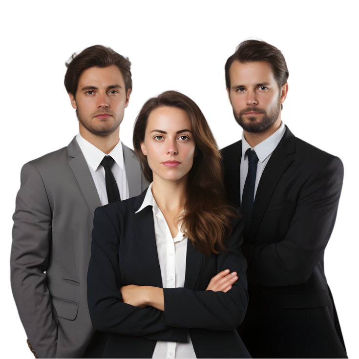 three business people standing in front of white background
