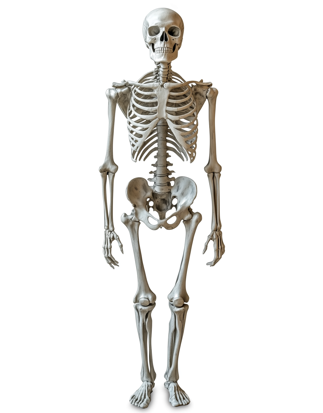 a human skeleton on a white background