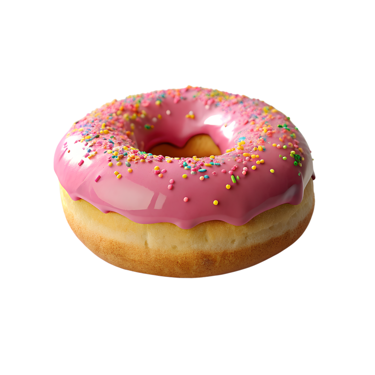 a donut with pink frosting and sprinng