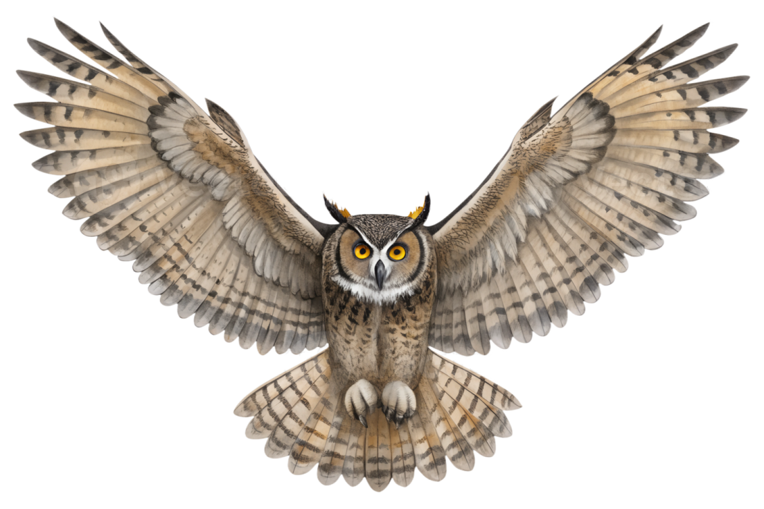 an owl flying with its wings open