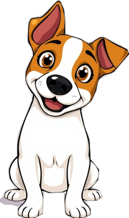 a cartoon dog with brown and white markings
