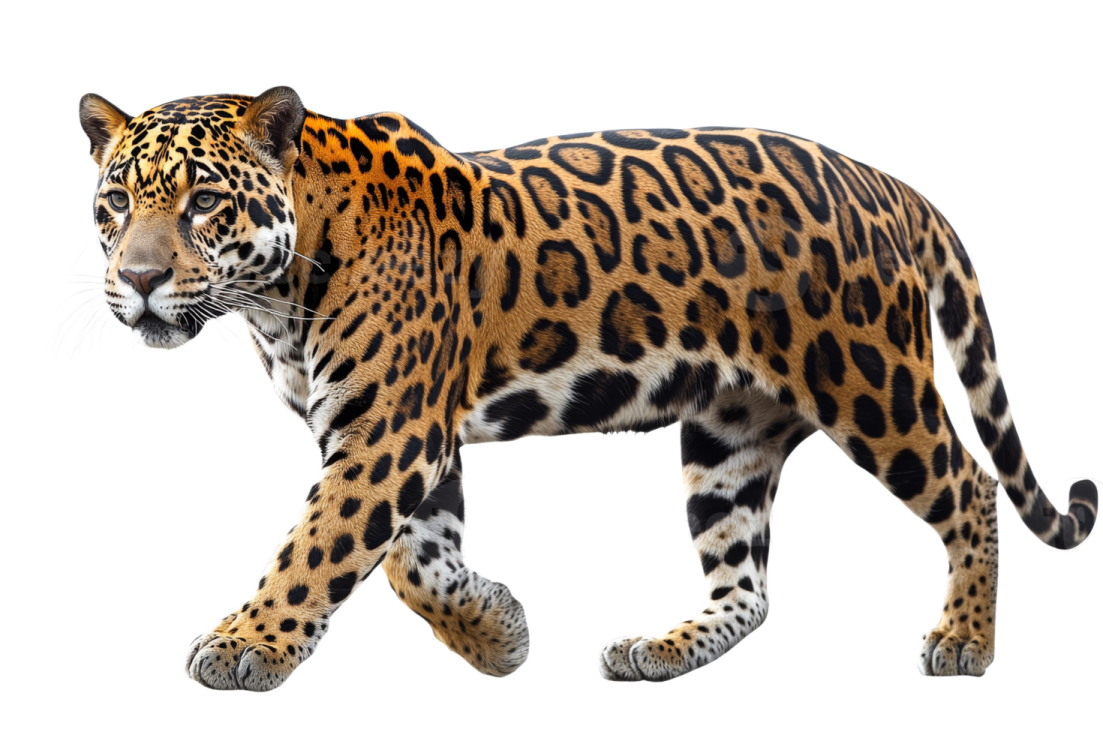 a jaguar walking on a white background