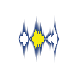 a yellow and blue sound wave with white background