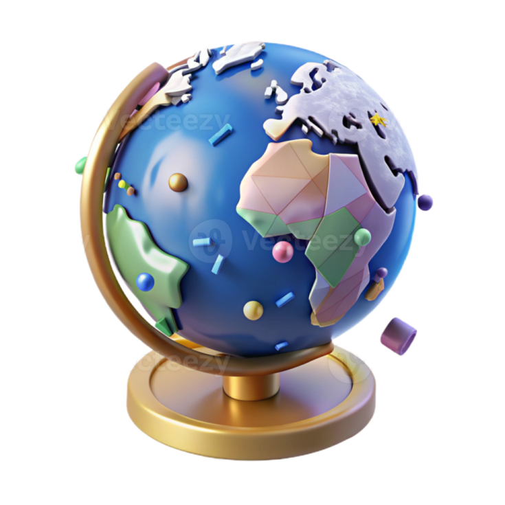 a globe with different colored shapes on it