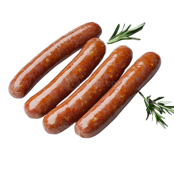three sausages on a white background