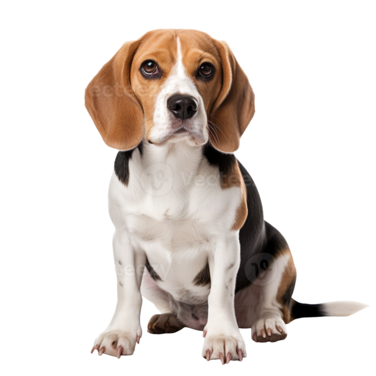 a beagle puppy sitting in front of a white background