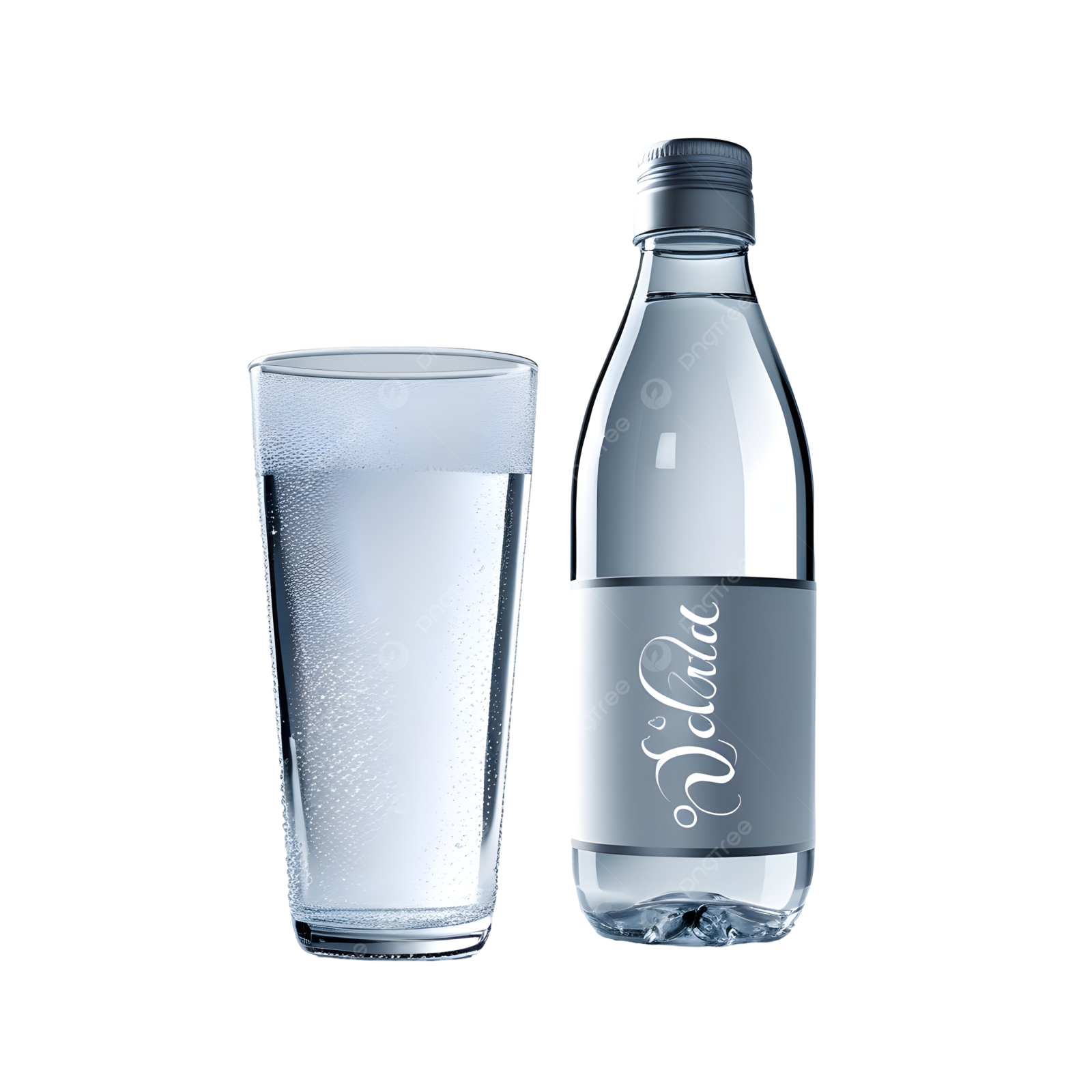 a bottle of water next to a glass