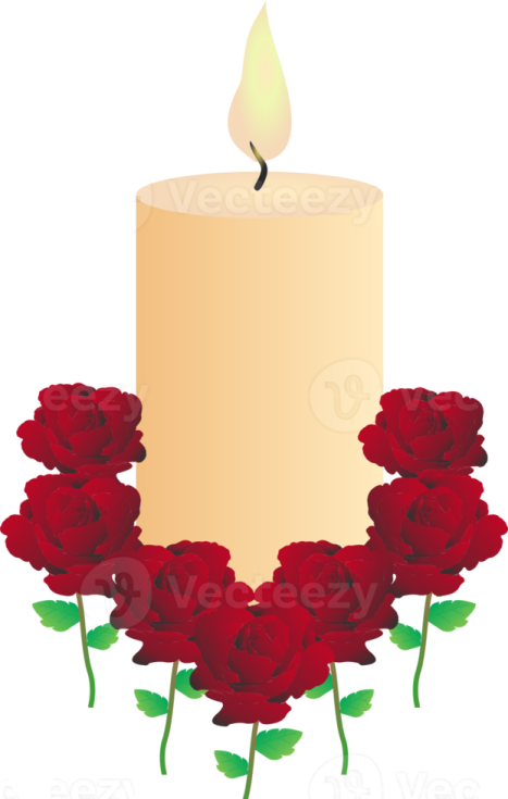 a candle with red roses around it