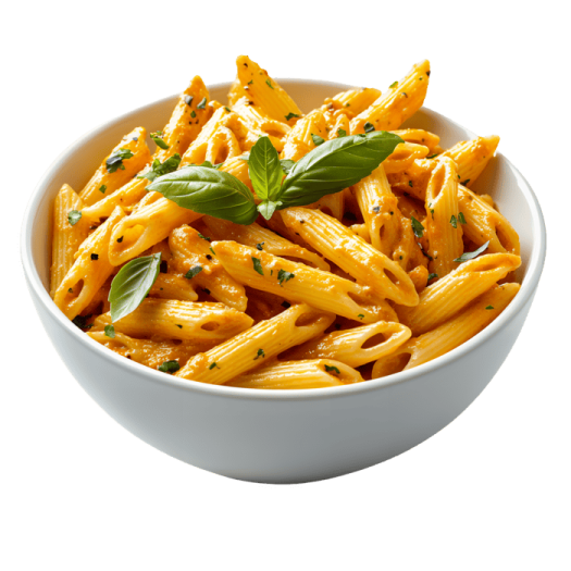 a white bowl filled with pasta and topped with basil