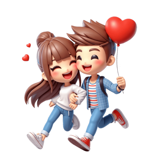 a couple running with a heart balloon