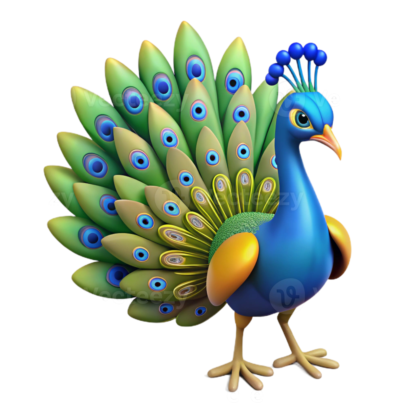 a cartoon peacock with blue and green feathers