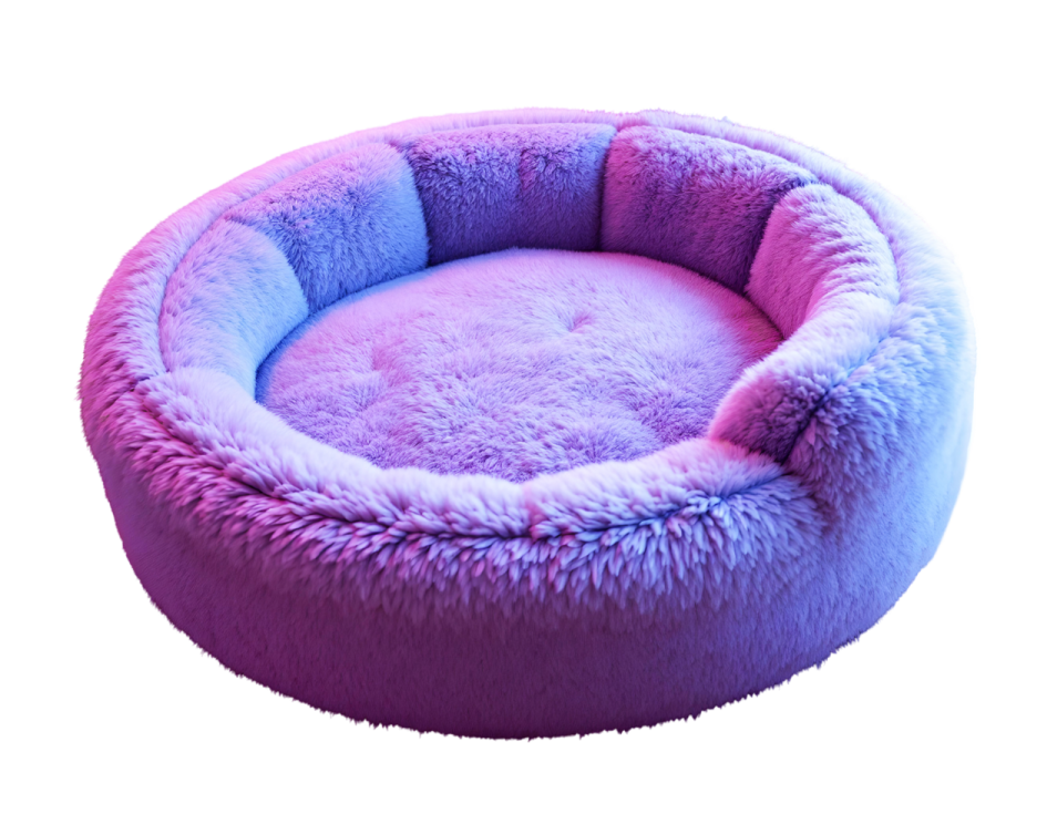 a pink and blue cat bed with fluffy fur
