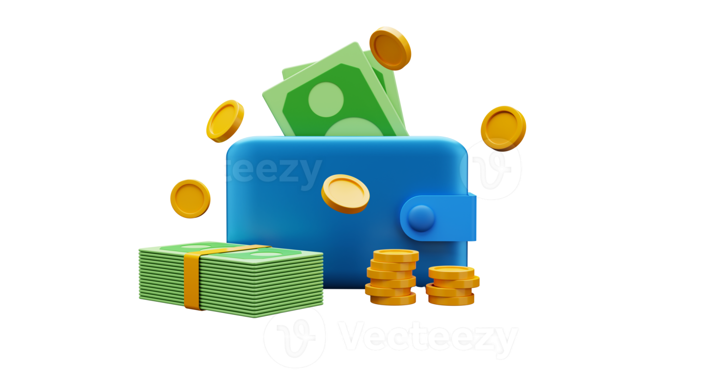 a blue wallet with money and coins