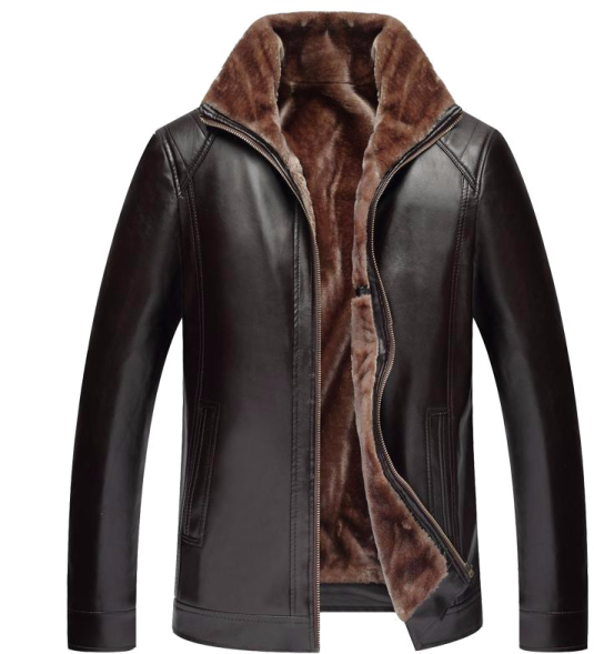 a black leather jacket with a fur collar