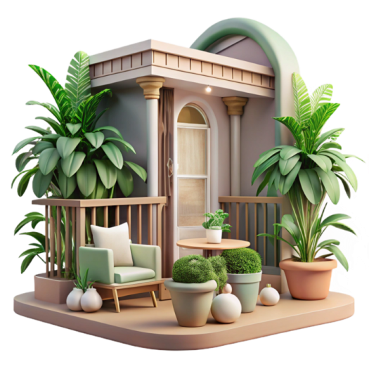 a small house with potted plants and chairs