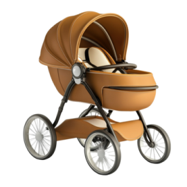 a baby stroller with a brown seat