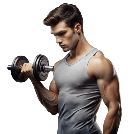 a man is holding a dumb barbell