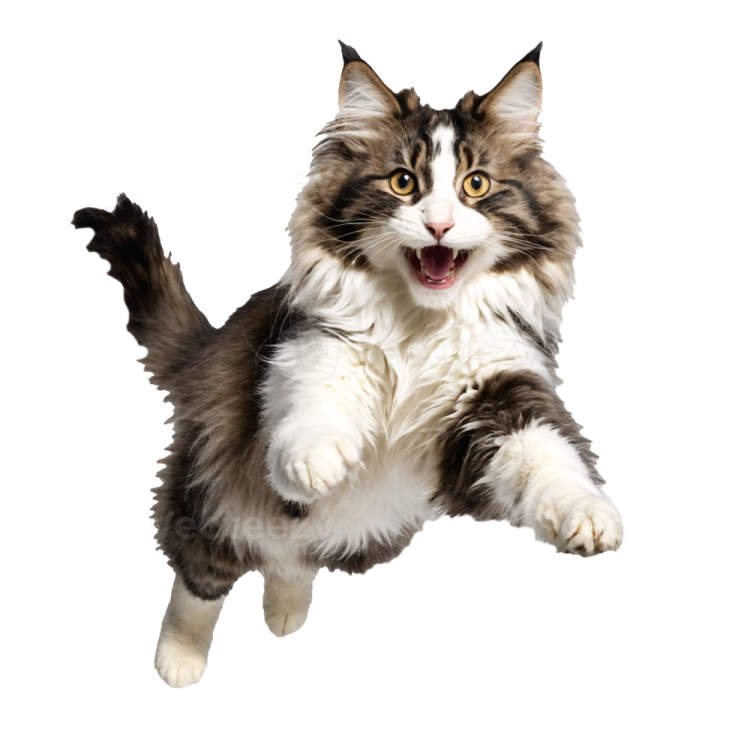a gray and white cat jumping in the air