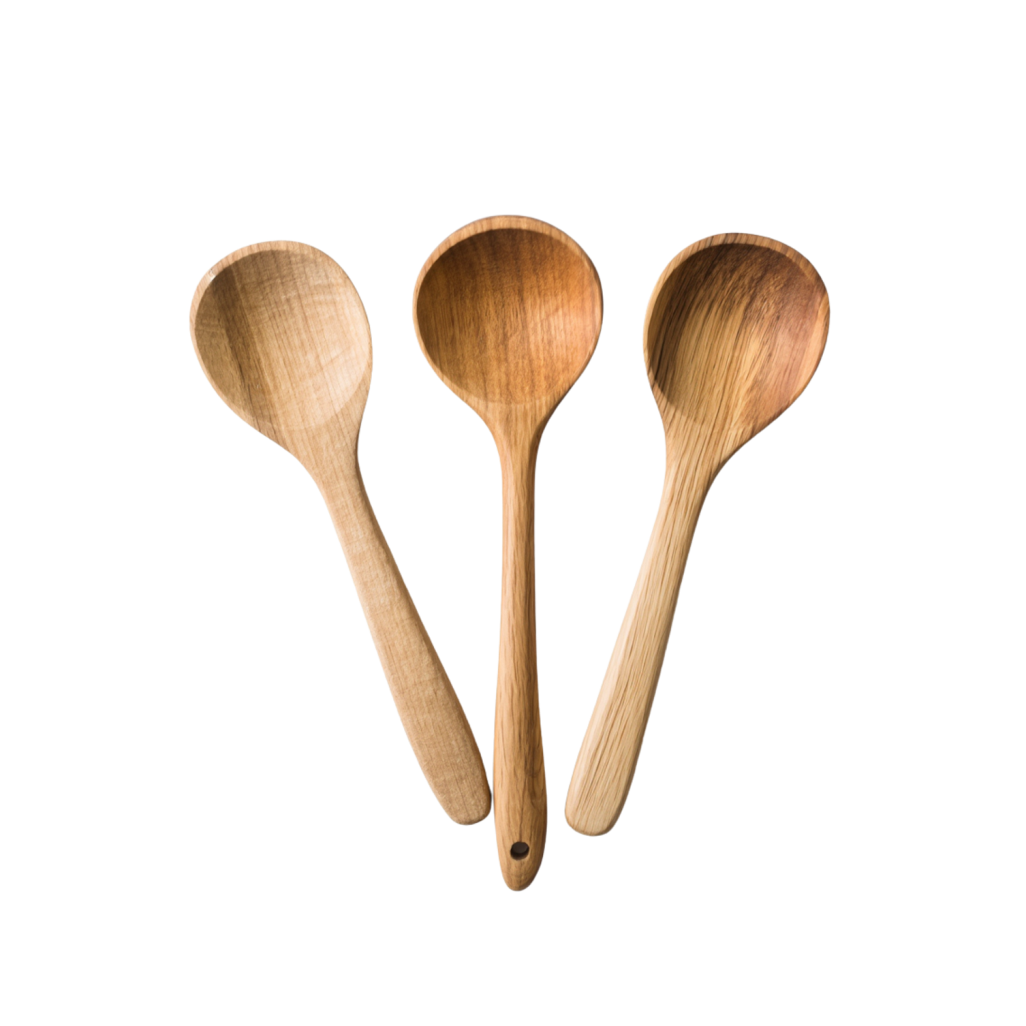 three wooden spoons on a white background